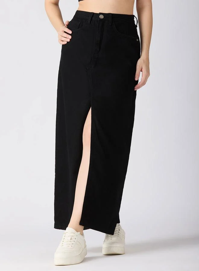 جلو باص تنورة طويلة مستقيمة سادة بفتحة أمامية