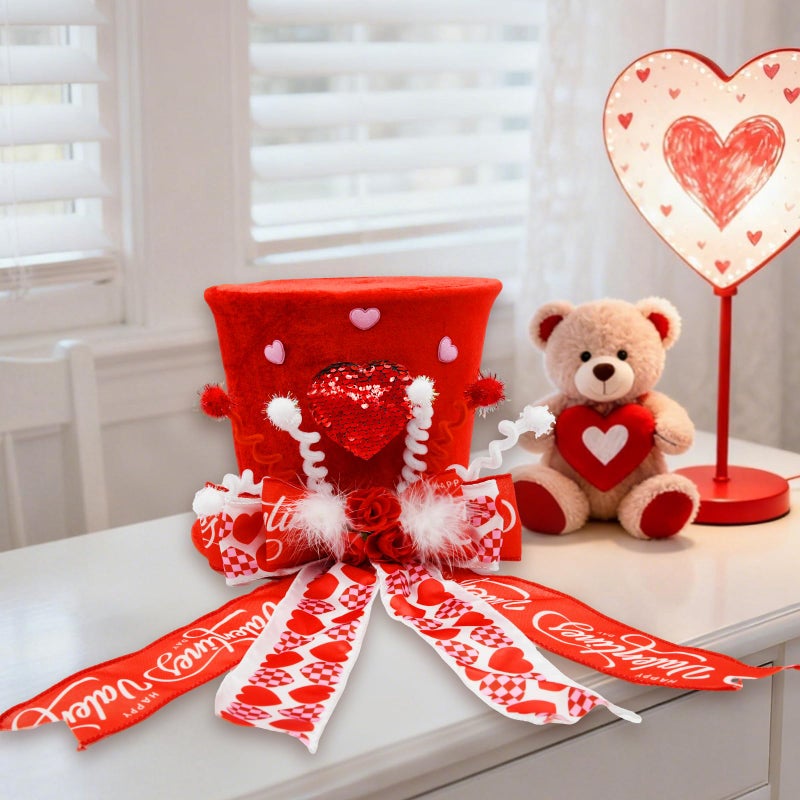 nuvagiki Valentine's Day Tree Topper Hat Decor, Valentines Day Heart Ribbon Bow Hat Decorations for Tree, Galentines Day Decorations Tree Ornaments, Valentine Velvet Heart Bow Hat, Valentines Gifts - Image 2