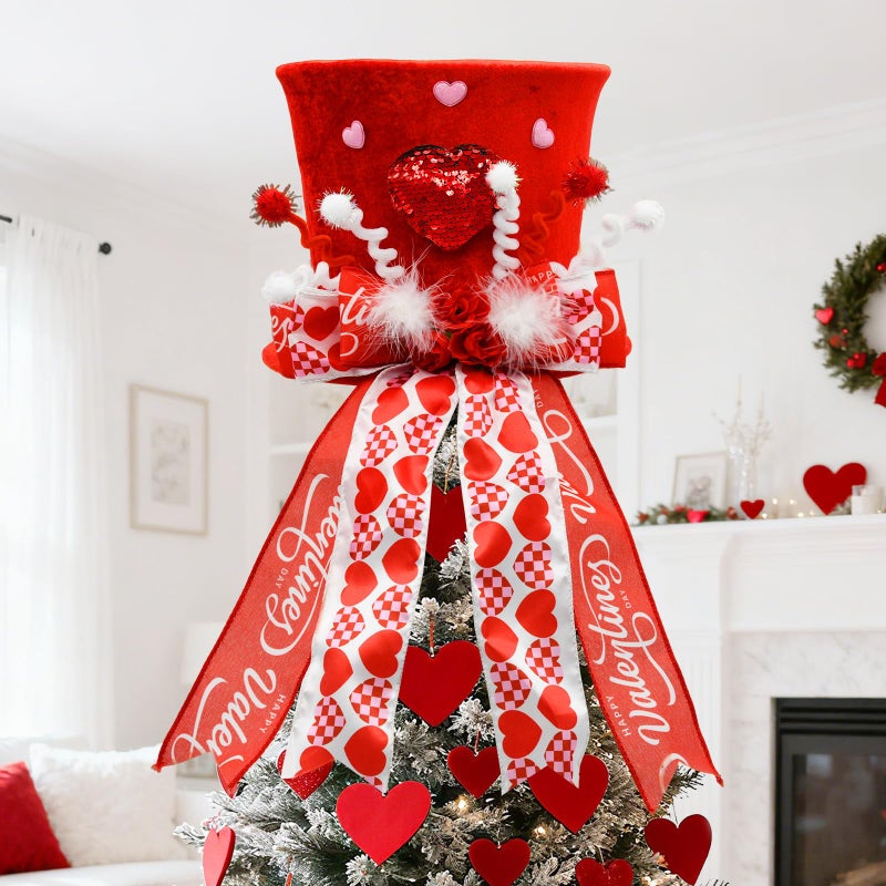 nuvagiki Valentine's Day Tree Topper Hat Decor, Valentines Day Heart Ribbon Bow Hat Decorations for Tree, Galentines Day Decorations Tree Ornaments, Valentine Velvet Heart Bow Hat, Valentines Gifts - Image 1
