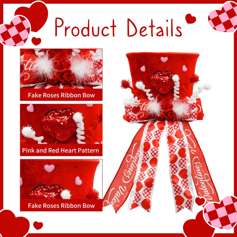 nuvagiki Valentine's Day Tree Topper Hat Decor, Valentines Day Heart Ribbon Bow Hat Decorations for Tree, Galentines Day Decorations Tree Ornaments, Valentine Velvet Heart Bow Hat, Valentines Gifts - Image 5