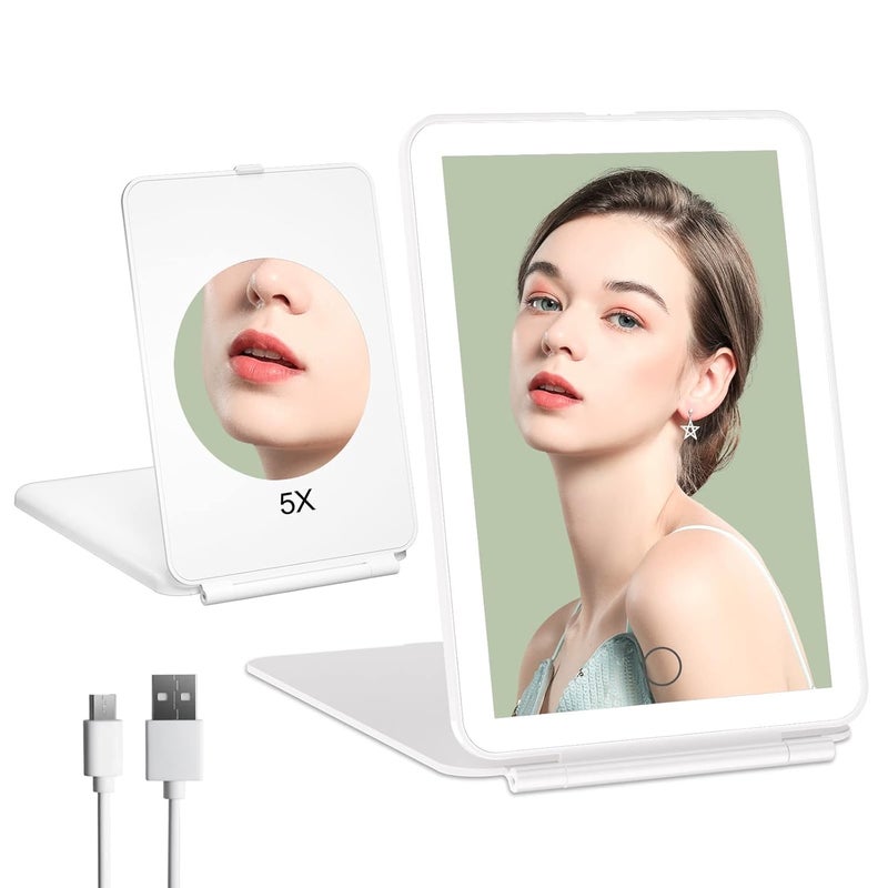 FUNTOUCH Rechargeable Portable Makeup Mirror with 72 LED Lights, Travel Lighted 1X/5X Magnification, 3 Color Lighting,Dimmable Touch Screen, Tabletop Folding Cosmetic Lights - Image 1