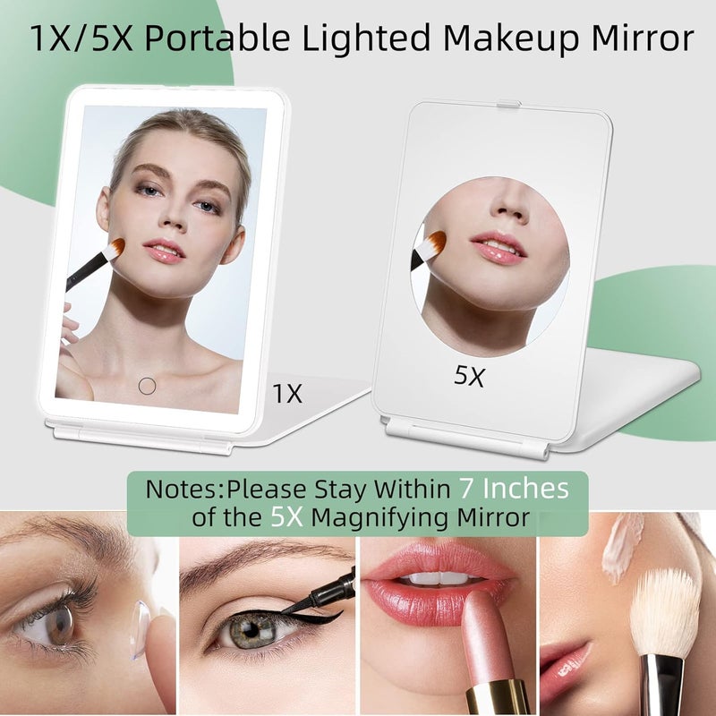FUNTOUCH Rechargeable Portable Makeup Mirror with 72 LED Lights, Travel Lighted 1X/5X Magnification, 3 Color Lighting,Dimmable Touch Screen, Tabletop Folding Cosmetic Lights - Image 2