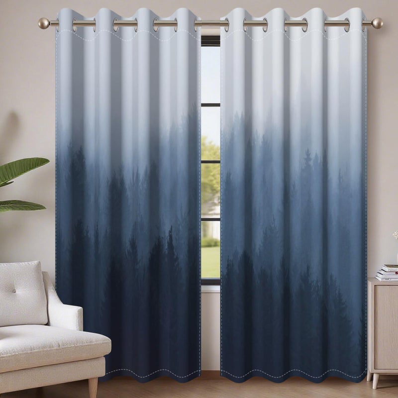 AWERT Blackout Curtains for Bedroom Navy Blue Ombre Forest Window Drapes 2 Panels for Living Room Heat Blocking 42x84inch - Image 1
