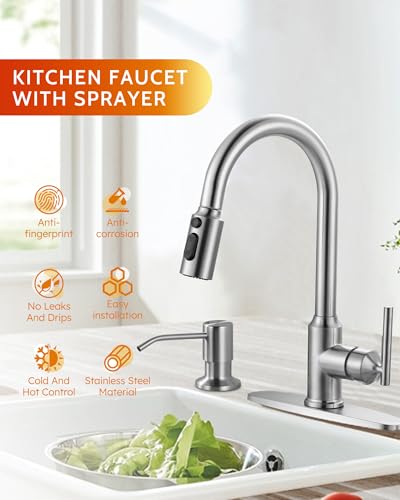 WOWOW Kitchen Faucets with Soap Dispenser with Pull Down Sprayer High Arc Single Handle Stainless Steel Sink Faucets 1 or 3 Hole Kitchen Sink Faucets for Farmhouse Camper Laundry Rv BarBrushed Nickel - Image 3