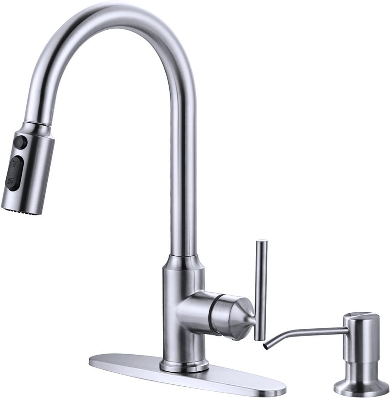 WOWOW Kitchen Faucets with Soap Dispenser with Pull Down Sprayer High Arc Single Handle Stainless Steel Sink Faucets 1 or 3 Hole Kitchen Sink Faucets for Farmhouse Camper Laundry Rv BarBrushed Nickel - Image 2