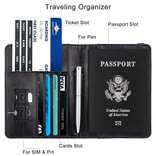 WALNEW Passport Holder for Travel, RFID Passport Cover Wallet for Women Men, PU Leather Passport Book Card Holder Case with Pen, Travelling Essentials for Flying - Image 4