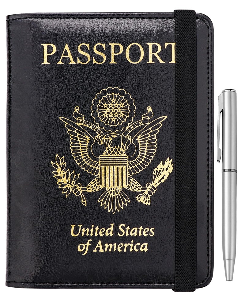 WALNEW Passport Holder for Travel, RFID Passport Cover Wallet for Women Men, PU Leather Passport Book Card Holder Case with Pen, Travelling Essentials for Flying - Image 1