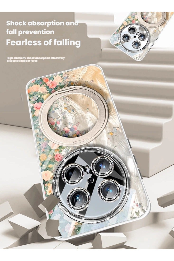 general Compatible with Huawei Mate 70 Pro + phone case, Monet Flower Wall design, premium-feel glitter feather fabric, 360-degree rotating stand, full-coverage protective case. - Image 4