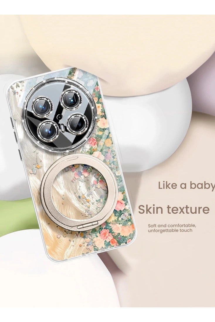 general Compatible with Huawei Mate 70 Pro + phone case, Monet Flower Wall design, premium-feel glitter feather fabric, 360-degree rotating stand, full-coverage protective case. - Image 3