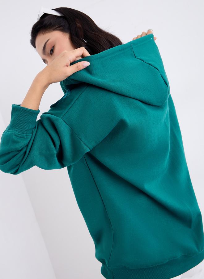 Styli Oversized Longline Zip Through Slogan Hoodie - Image 1