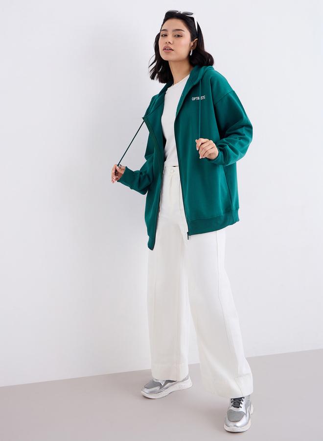 Styli Oversized Longline Zip Through Slogan Hoodie - Image 2