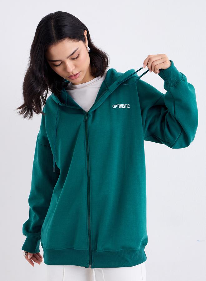 Styli Oversized Longline Zip Through Slogan Hoodie - Image 3
