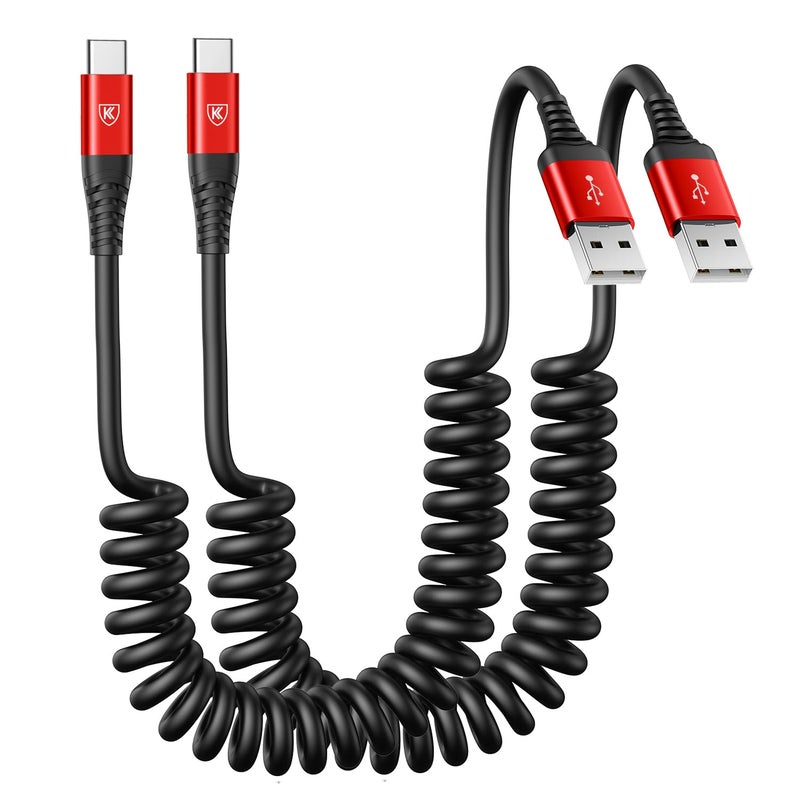 KIYODA USB to USB C Cable Fast Charging 3ft, 2Pack Coiled USB C Charger Cable for Car, USB Type C Charger Cord, USB-C Cable Compatible with iPhone 17/16/15/Plus/Pro Max/Samsung Galaxy S20-Red - Image 1