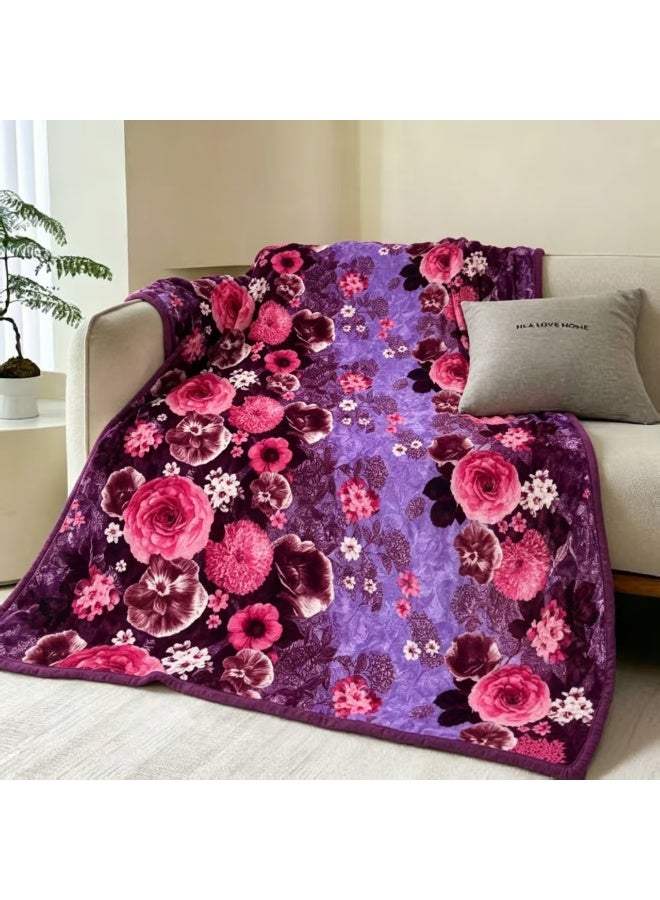Purple with pink floral Pattern Blanket, Naps Blankets，Comfortable and breathable. Size: 160x220cm. Suitable for living room, sofa, bedroom, and home décor. - Image 1