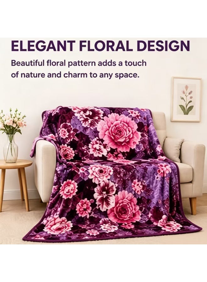 Purple with pink floral Pattern Blanket, Naps Blankets，Comfortable and breathable. Size: 160x220cm. Suitable for living room, sofa, bedroom, and home décor. - Image 2