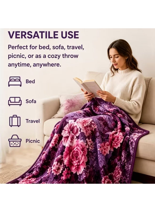Purple with pink floral Pattern Blanket, Naps Blankets，Comfortable and breathable. Size: 160x220cm. Suitable for living room, sofa, bedroom, and home décor. - Image 3