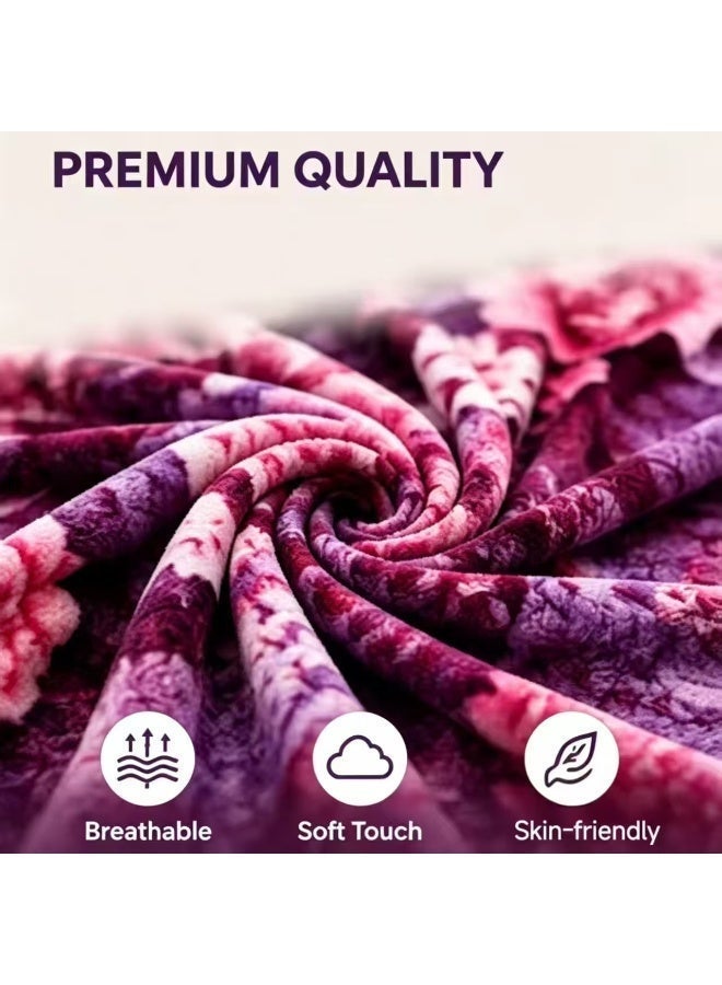 Purple with pink floral Pattern Blanket, Naps Blankets，Comfortable and breathable. Size: 160x220cm. Suitable for living room, sofa, bedroom, and home décor. - Image 5