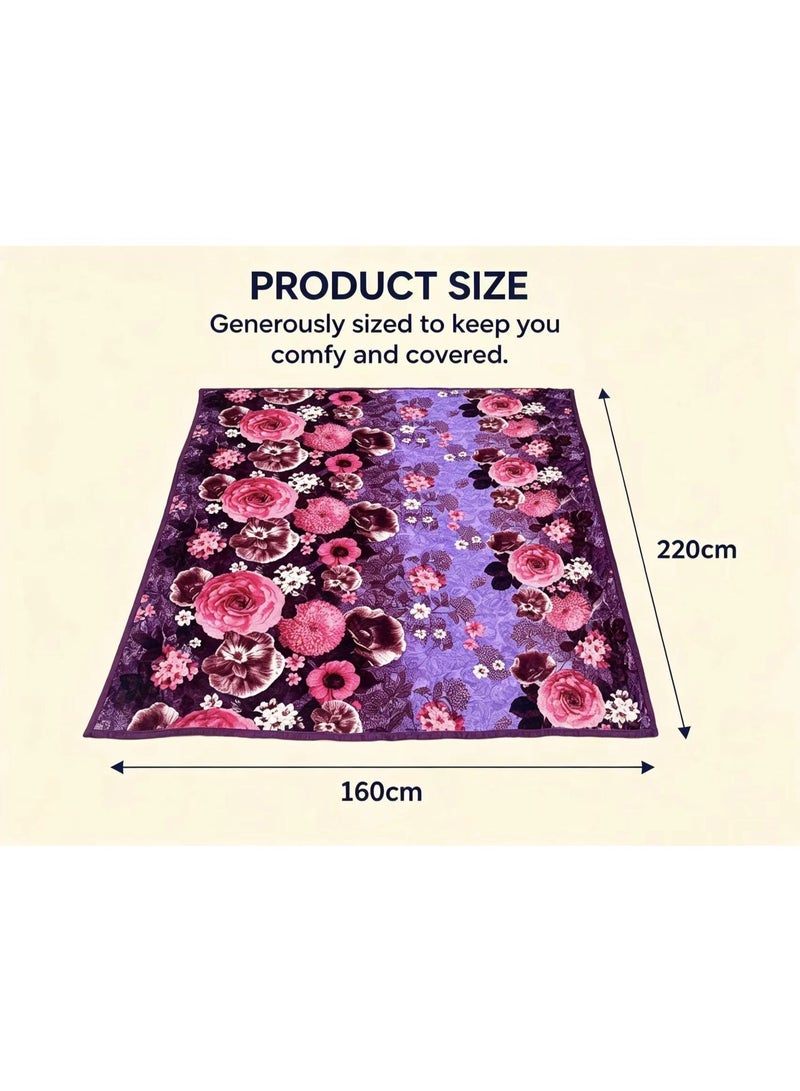Purple with pink floral Pattern Blanket, Naps Blankets，Comfortable and breathable. Size: 160x220cm. Suitable for living room, sofa, bedroom, and home décor. - Image 4