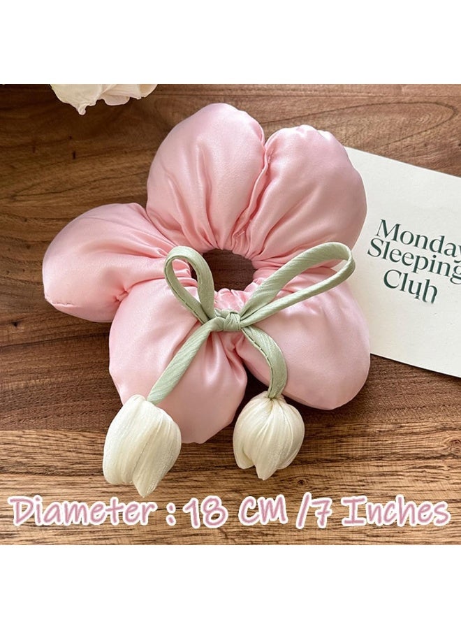 SYOSI Large Satin Scrunchies, Oversized Flower Hair Bands, Creative Hair Ties for Women and Girls, Soft Smooth Decorative Ponytail Holders for Daily Wear, Christmas Party, Dance Performance(Tulip Pink) - Image 2