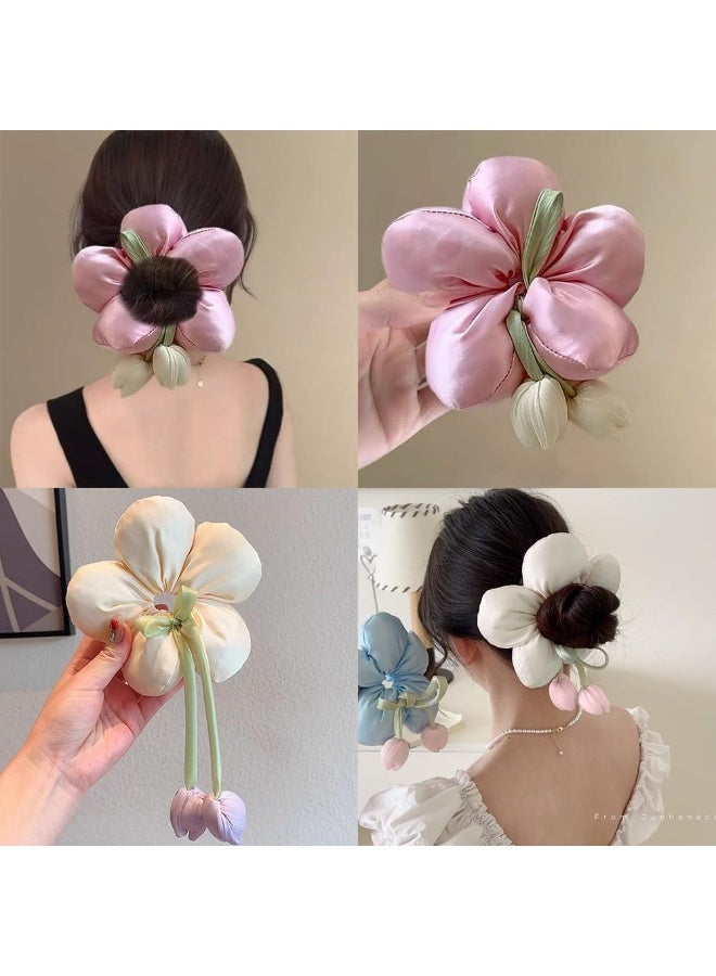 SYOSI Large Satin Scrunchies, Oversized Flower Hair Bands, Creative Hair Ties for Women and Girls, Soft Smooth Decorative Ponytail Holders for Daily Wear, Christmas Party, Dance Performance(Tulip Pink) - Image 5