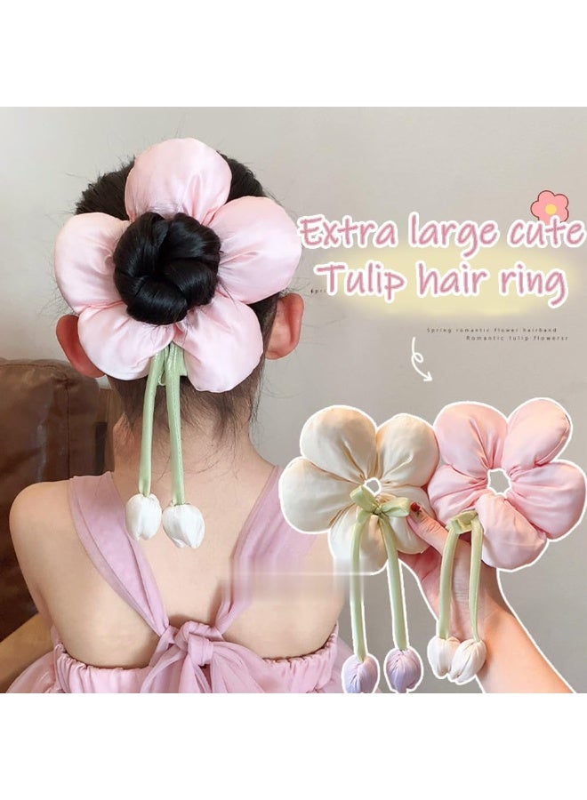 SYOSI Large Satin Scrunchies, Oversized Flower Hair Bands, Creative Hair Ties for Women and Girls, Soft Smooth Decorative Ponytail Holders for Daily Wear, Christmas Party, Dance Performance(Tulip Pink) - Image 3