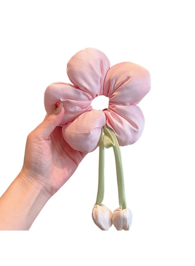 SYOSI Large Satin Scrunchies, Oversized Flower Hair Bands, Creative Hair Ties for Women and Girls, Soft Smooth Decorative Ponytail Holders for Daily Wear, Christmas Party, Dance Performance(Tulip Pink) - Image 1