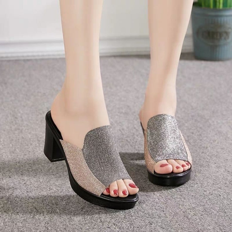 Plus Size Womens Summer Sandals Chunky Heel Waterproof Silver 