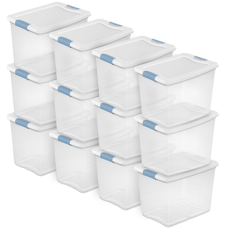 Sterilite 12Pack Latching Box Under Bed Storage Bins with Lids Clear Plastic 25 Quart  HeavyDuty Organizing Containers for Closet Bathroom and Office