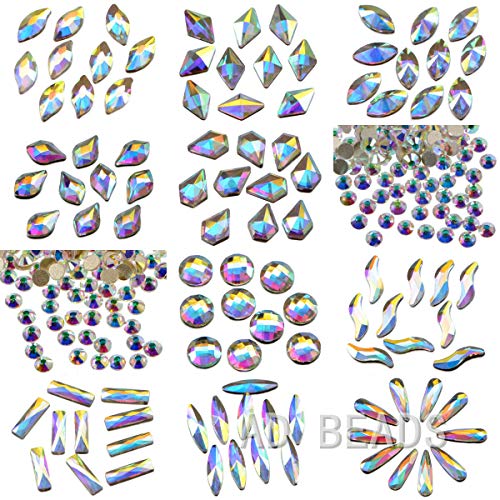 AD Beads 300 Pieces Flat Back Gems 11 Shapes Crystal Rhinestones 12 Sizes Rhinestones for Crafts Nail Face Art Clothes Shoes Bags DIY(Clear AB) - Image 1