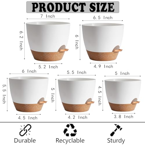 SE SUN-E 5Pack Self Watering Plant Pots for Lazy People, 7/6.5/6/5.5/5 Inch,White Plastic Self Watering Planter for All Houseplants,Succulent, African Violets,Snake Plants, Flowers and Cactus - Image 3