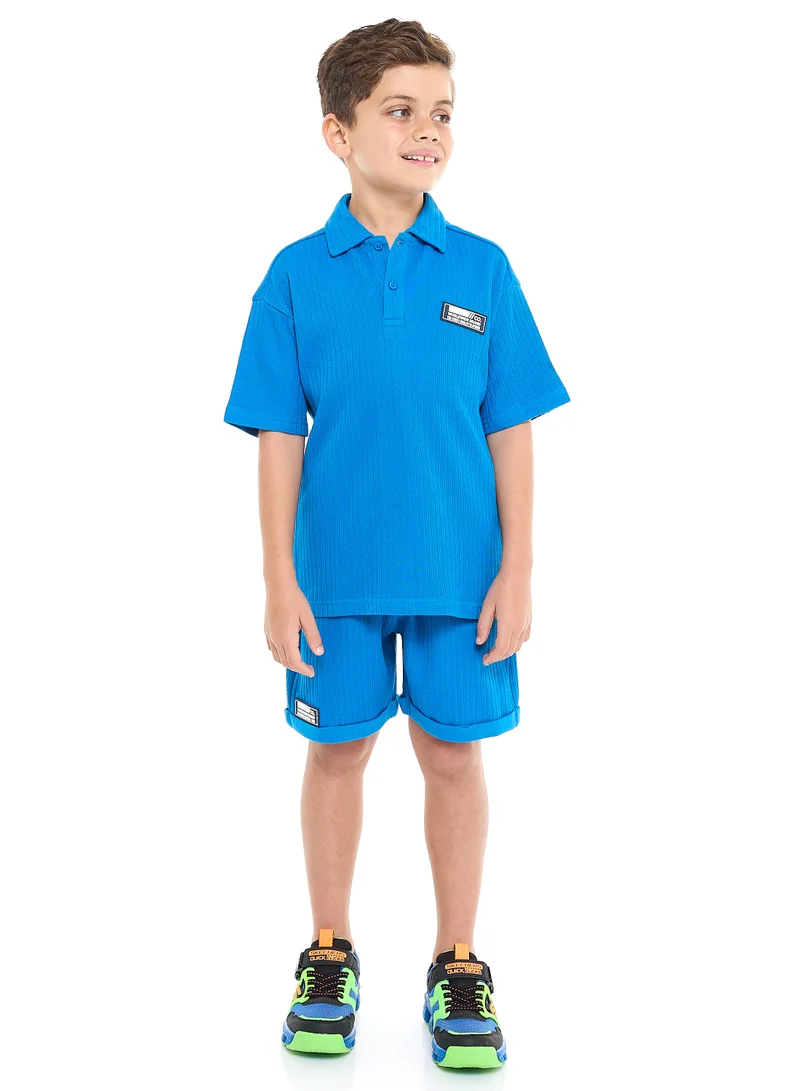 victor and jane Oversized - Boys' Jacquard 2-Piece Set - Polo T-Shirt with Label Detail and matching Shorts with Pockets,