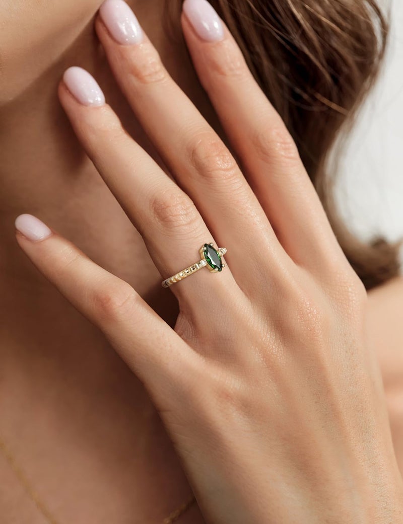 SHINYSO 14K Gold Plated Engagement Ring for Women Created Green Emerald Solitaire Emerald Oval Marquise Cut Wedding Band Promise Ring for Her Size 5-10 (Marquise,size 7) - Image 3
