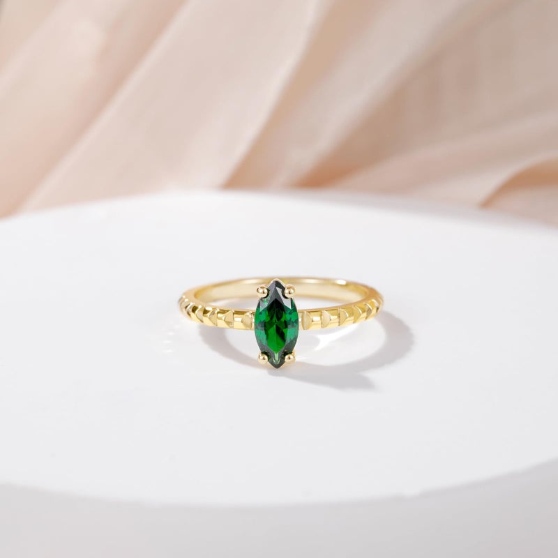 SHINYSO 14K Gold Plated Engagement Ring for Women Created Green Emerald Solitaire Emerald Oval Marquise Cut Wedding Band Promise Ring for Her Size 5-10 (Marquise,size 7) - Image 2