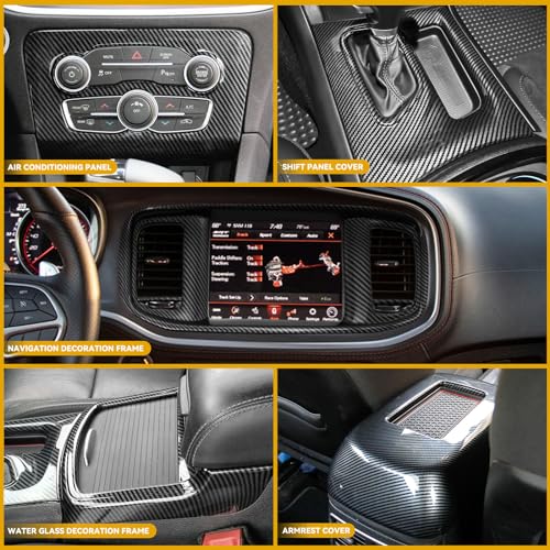 TENGBASE 5 Pack for Dodge Charger 2015-2023 Central Control A/C Cover Navigation Screen Cover & Gear Shift Panel Trim Armrest Cover Trim, Black Carbon Fiber Particulate Material - Image 2