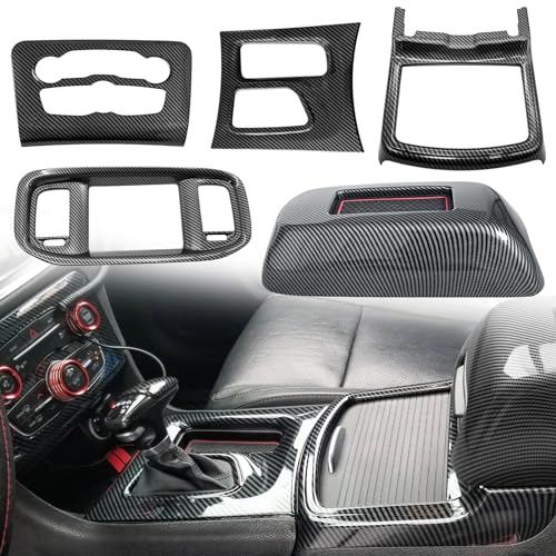 TENGBASE 5 Pack for Dodge Charger 2015-2023 Central Control A/C Cover Navigation Screen Cover & Gear Shift Panel Trim Armrest Cover Trim, Black Carbon Fiber Particulate Material - Image 1