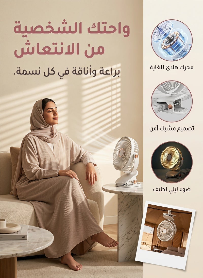 زيريفام مروحة محمولة قابلة للتثبيت، مروحة قابلة للتثبيت مزودة بإضاءة ليلية، 5 سرعات، قابلة للدوران 720 درجة، قابلة لإعادة الشحن عبر USB، منخفضة الضوضاء، مبرد شخصي 3 في 1 (محمول/مكتبي/قابل للتثبيت) لغرفة النوم والمكتب والتخييم - 6 بوصات - Image 2