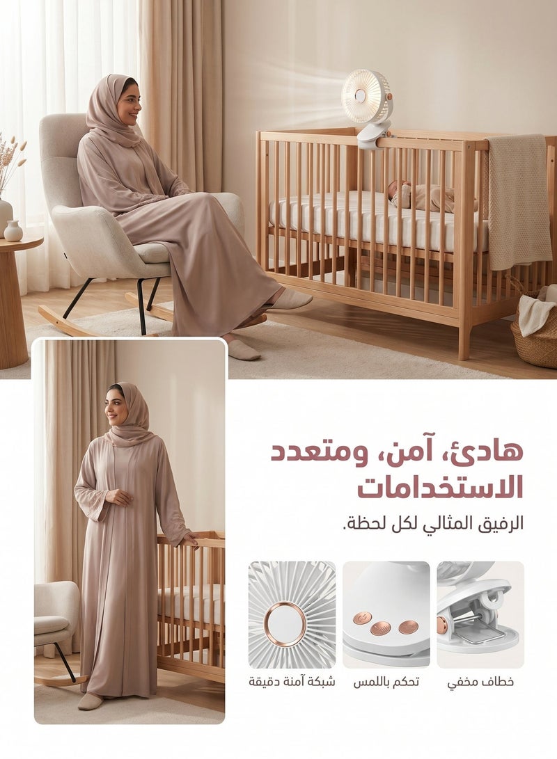 زيريفام مروحة محمولة قابلة للتثبيت، مروحة قابلة للتثبيت مزودة بإضاءة ليلية، 5 سرعات، قابلة للدوران 720 درجة، قابلة لإعادة الشحن عبر USB، منخفضة الضوضاء، مبرد شخصي 3 في 1 (محمول/مكتبي/قابل للتثبيت) لغرفة النوم والمكتب والتخييم - 6 بوصات - Image 3
