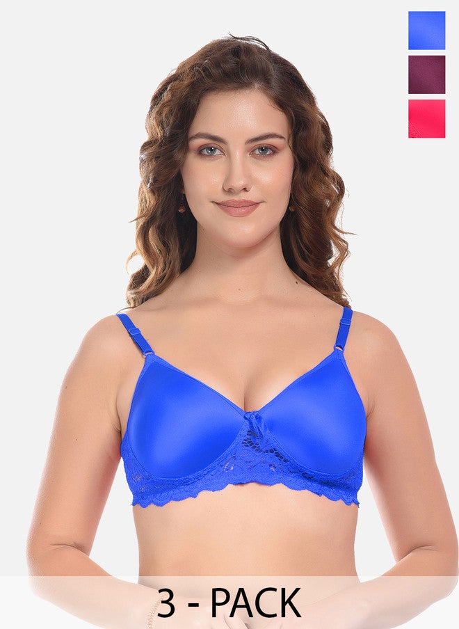 FIMS Blue & Purple Pack of 3 Cotton Lightly Padded Rapid-Dry Bra - Image 1