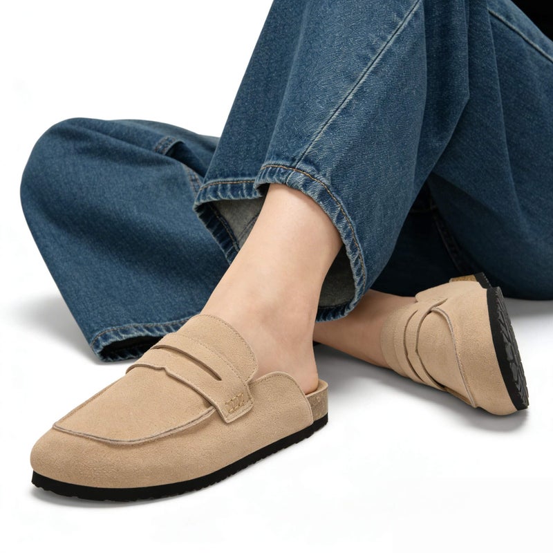 StillFancxy 100% Genuine Leather Clogs for Women Non-Slip Platform Mules & Suede Clogs for Women Comfort Slippers with Arch Support Taupe - Image 2