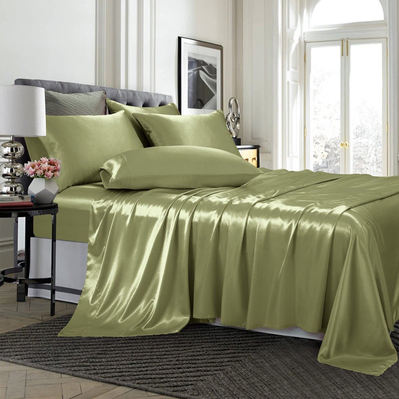 TREELY Satin Bed Sheets 6 PieceHotel Luxury Silky Full Sheet Sets with Deep PocketFitted Sheet Olive Green Full Sheets1 Flat Sheet4 Satin Pillowcase Soft and Breathable