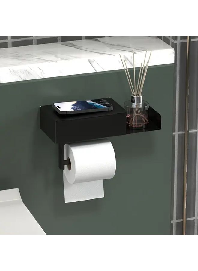Black Iron Toilet Paper Holder With Phone Shelf Easy Install No Drill Bathroom Tissue Dispenser - Image 5
