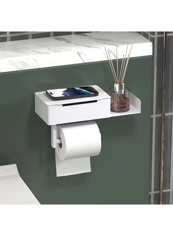 Black Iron Toilet Paper Holder With Phone Shelf Easy Install No Drill Bathroom Tissue Dispenser - Image 1