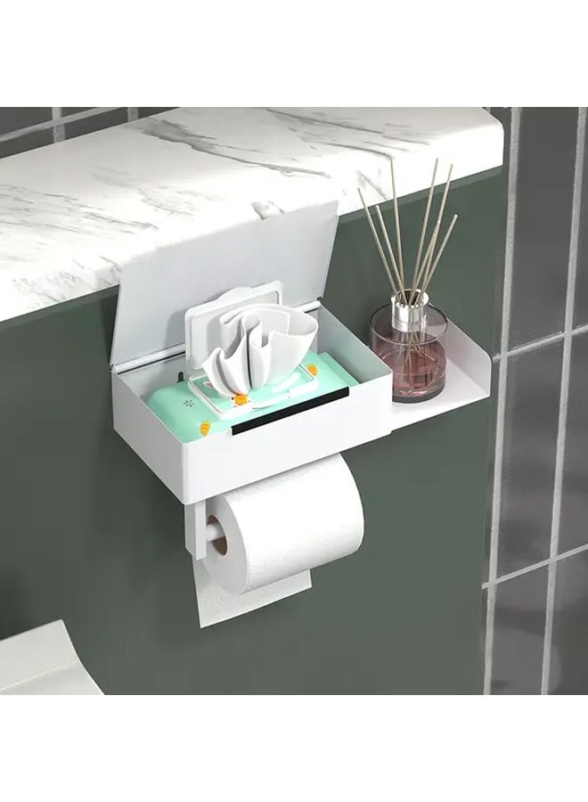 Black Iron Toilet Paper Holder With Phone Shelf Easy Install No Drill Bathroom Tissue Dispenser - Image 2