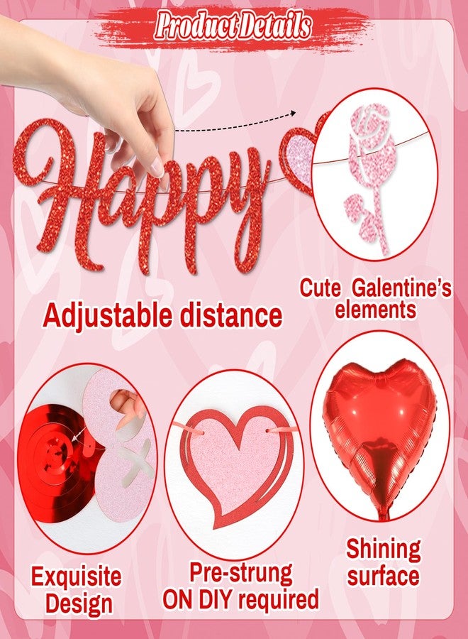 PARTY TONIGHT Pre-Strung Happy Galentines Day Banner Decorations, No DIY Galentines Decorations Red Pink Glitter Galentines Banner Sign Garland Hanging Swirls Balloons Ladies Girls Galentine’s Day Party Supplies - Image 3