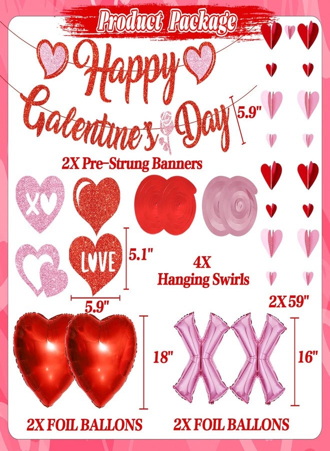 PARTY TONIGHT Pre-Strung Happy Galentines Day Banner Decorations, No DIY Galentines Decorations Red Pink Glitter Galentines Banner Sign Garland Hanging Swirls Balloons Ladies Girls Galentine’s Day Party Supplies - Image 2