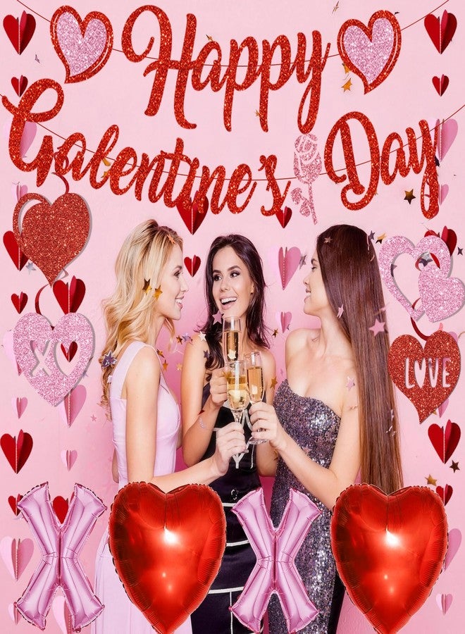 PARTY TONIGHT Pre-Strung Happy Galentines Day Banner Decorations, No DIY Galentines Decorations Red Pink Glitter Galentines Banner Sign Garland Hanging Swirls Balloons Ladies Girls Galentine’s Day Party Supplies - Image 4