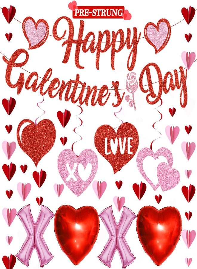 PARTY TONIGHT Pre-Strung Happy Galentines Day Banner Decorations, No DIY Galentines Decorations Red Pink Glitter Galentines Banner Sign Garland Hanging Swirls Balloons Ladies Girls Galentine’s Day Party Supplies - Image 1