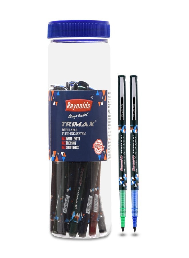 Reynolds TRIMAX 15 COUNT JAR, 9 BLUE, 2 BLACK, 2 RED & 2 GREEN - Lightweight Roller Pen With Comfortable Grip for Extra Smooth Writing I School and Office Stationery | 0.5mm Tip Size - Image 1