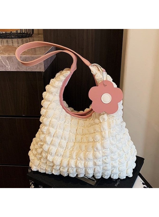 2025 Fashion Bubble Pleated All-match Shoulder Crossbody Bag Women's High-end Niche Design Portable Bucket Bag-Color:White With Blue  - Image 2