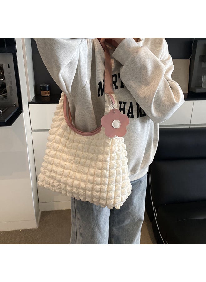 2025 Fashion Bubble Pleated All-match Shoulder Crossbody Bag Women's High-end Niche Design Portable Bucket Bag-Color:White With Blue  - Image 4